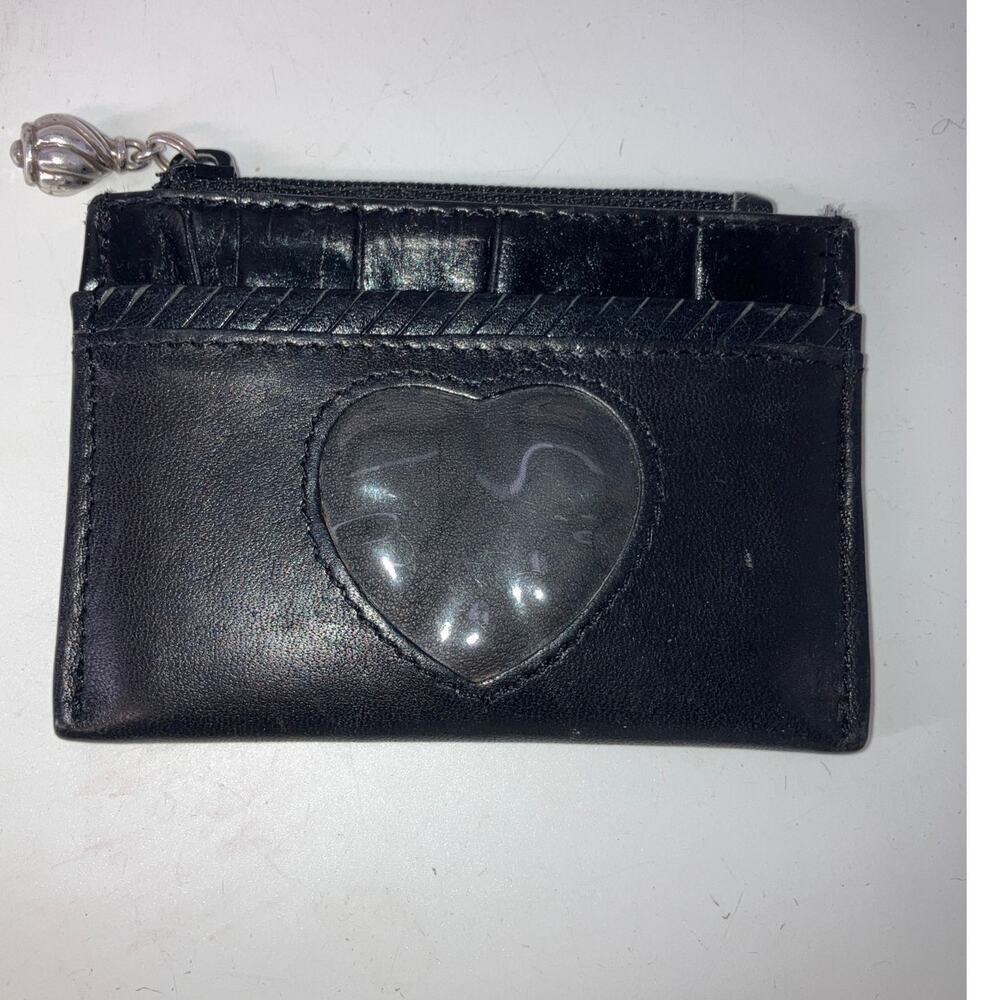 BRIGHTON SMALL BLACK LEATHER CARD WALLET WITH HEART WINDOW